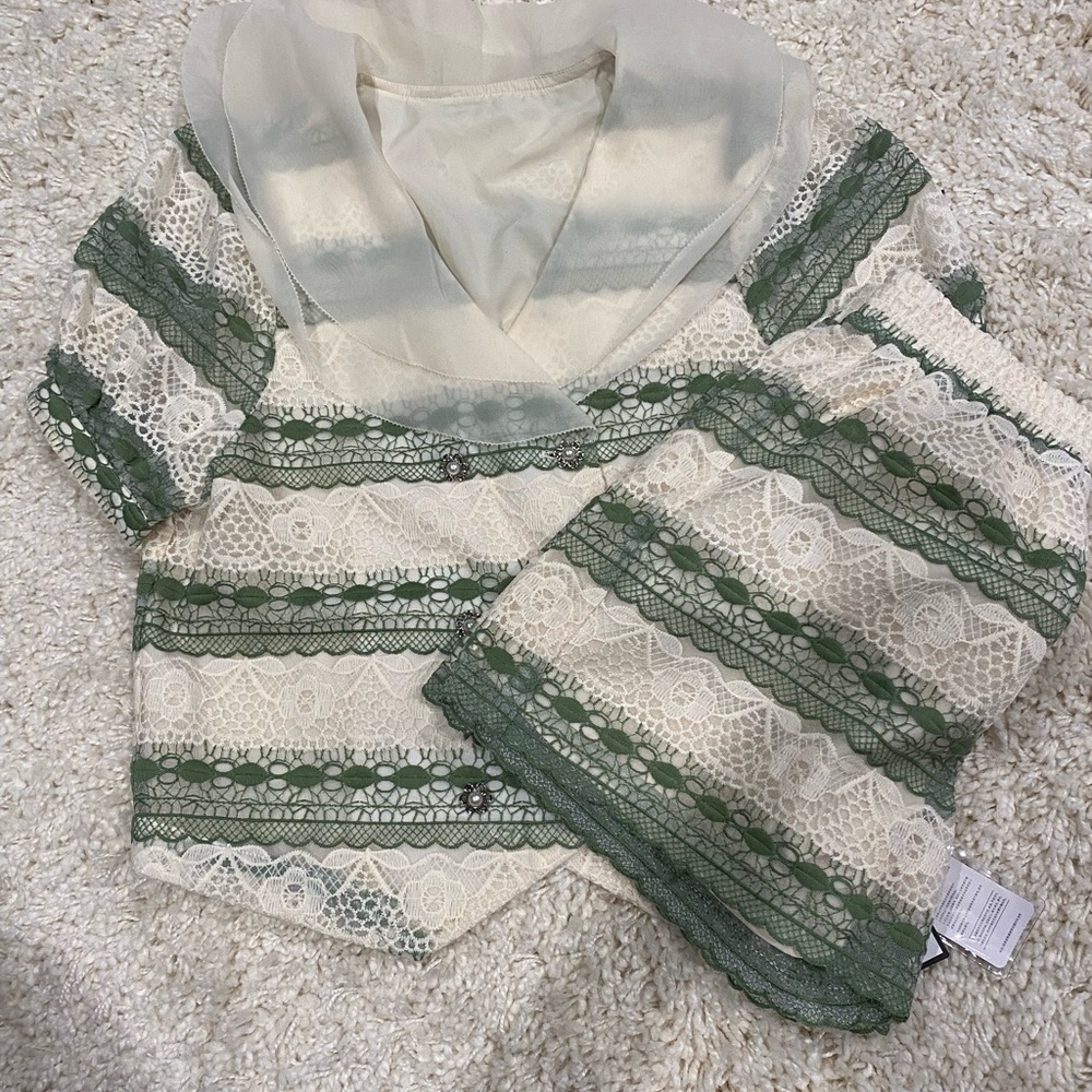 2pc Green and Cream Lace Top and Short Set